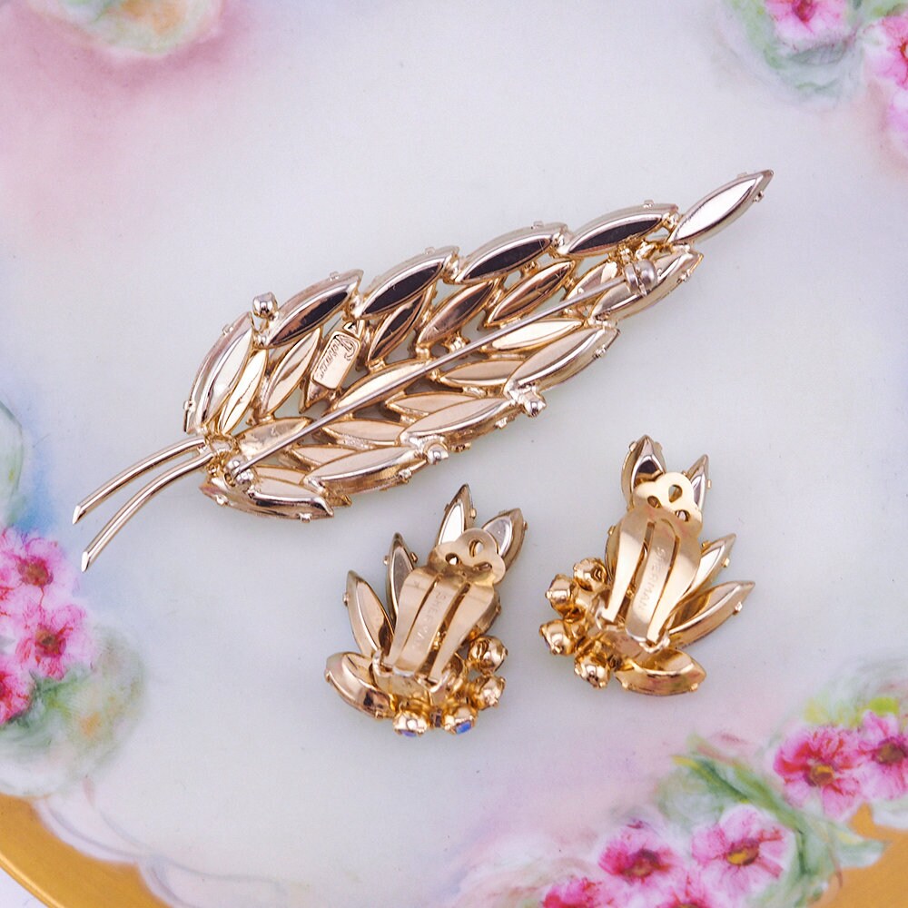 Sherman Jewelry Set, Leaf Brooch, Aurora Borealis Jewelry, Vintage Jewelry Sets, Rhinestone Jewelry, Crystal Jewelry, 1960s Jewelry, Sherman
