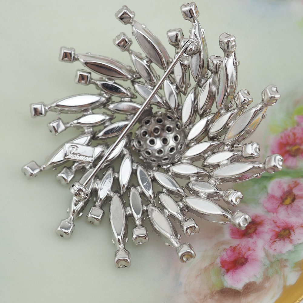 Sherman Brooch, Vintage Brooch, Clear Crystal Brooch, Flower Brooch, Gustave Sherman, Rhinestone Brooch, Silver Tone Brooch, 1960s Brooch