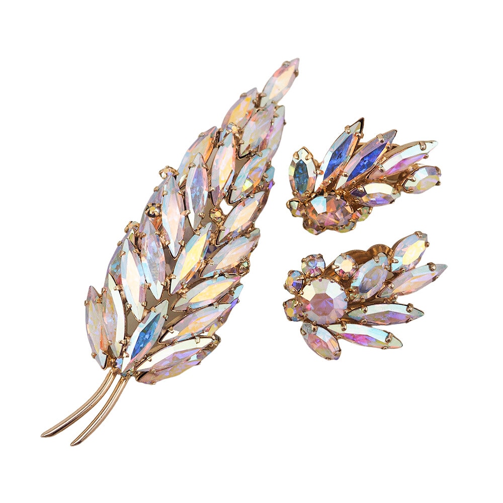 Sherman Jewelry Set, Leaf Brooch, Aurora Borealis Jewelry, Vintage Jewelry Sets, Rhinestone Jewelry, Crystal Jewelry, 1960s Jewelry, Sherman