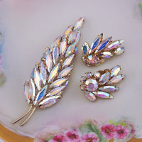 Sherman Jewelry Set, Leaf Brooch, Aurora Borealis Jewelry, Vintage Jewelry Sets, Rhinestone Jewelry, Crystal Jewelry, 1960s Jewelry, Sherman