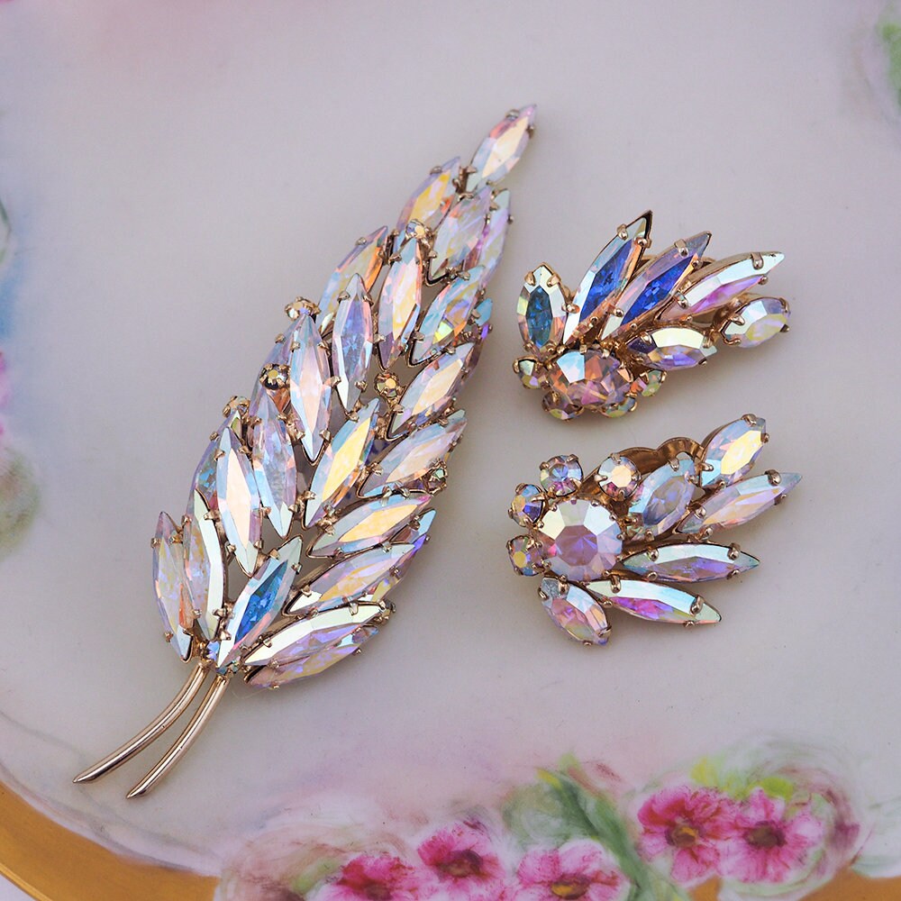 Sherman Jewelry Set, Leaf Brooch, Aurora Borealis Jewelry, Vintage Jewelry Sets, Rhinestone Jewelry, Crystal Jewelry, 1960s Jewelry, Sherman