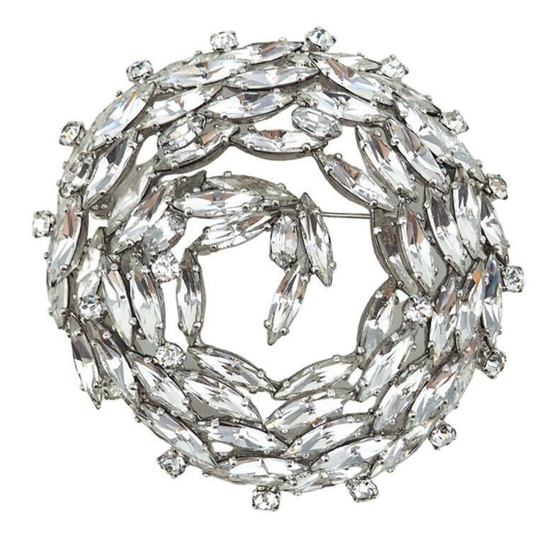 GYN&Joy Women's Silver Tone Leaf Brooch Pin - Round Swirl Design With Blue Crystals, Gift Boxed