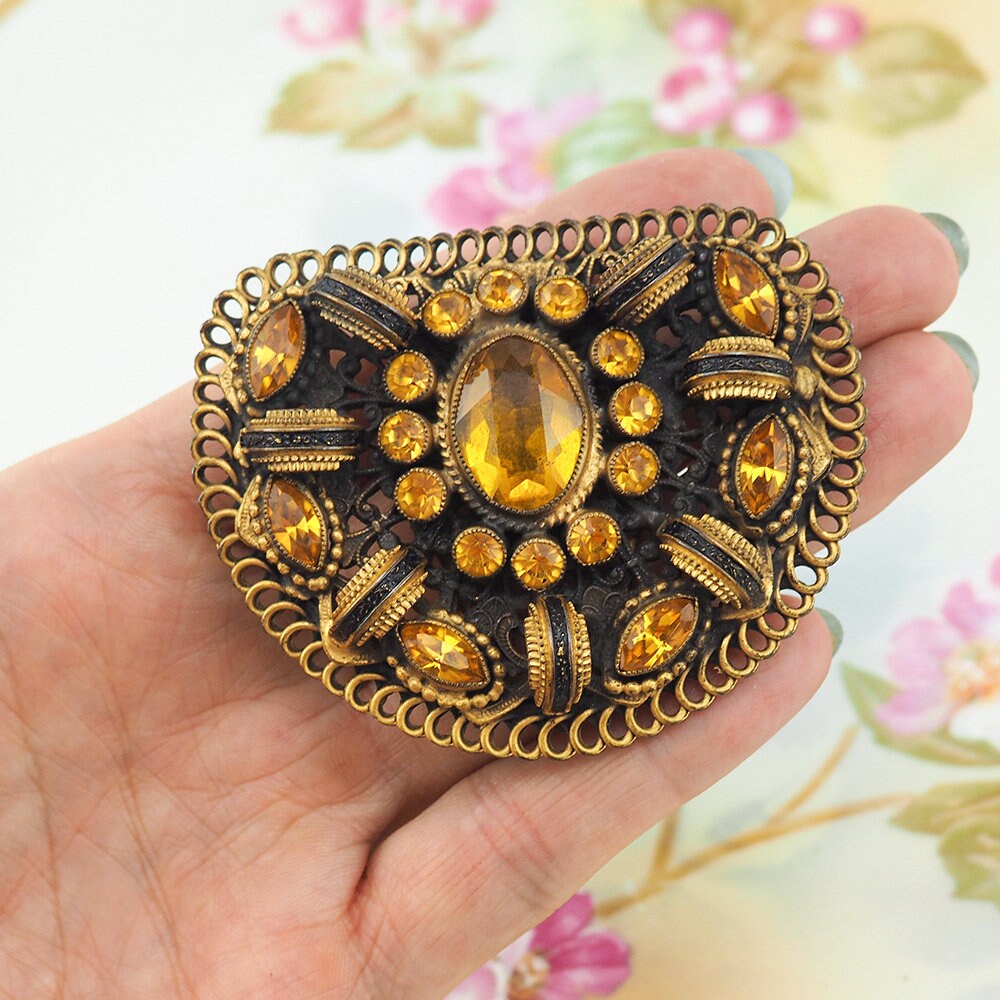 Vintage Dress Clip, Czech Dress Clip, 1930s Jewelry, Rhinestone Dress Clip, Vintage Clip, Dress Clip Vintage, Topaz Rhinestone, Enamel Clip