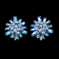 Sherman Earrings, Blue Rhinestone Earrings, Clip On, Crystal Earrings, Vintage Rhinestone Earrings, Bridal Earrings, Flower Earrings