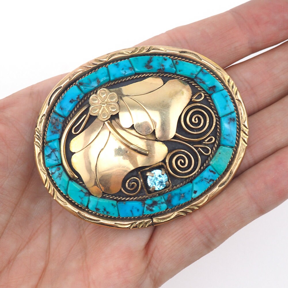 Native Buckle, Turquoise Buckle, Pete Sierra, Fritzen Toledo, Cobblestone Inlay, Sterling Silver, Native Jewelry, Gold Over Silver, Vermeil