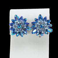 Sherman Earrings, Blue Rhinestone Earrings, Clip On, Crystal Earrings, Vintage Rhinestone Earrings, Bridal Earrings, Flower Earrings