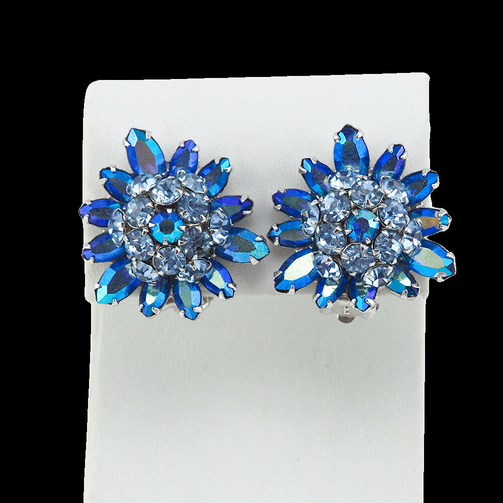 Sherman Earrings, Blue Rhinestone Earrings, Clip On, Crystal Earrings, Vintage Rhinestone Earrings, Bridal Earrings, Flower Earrings