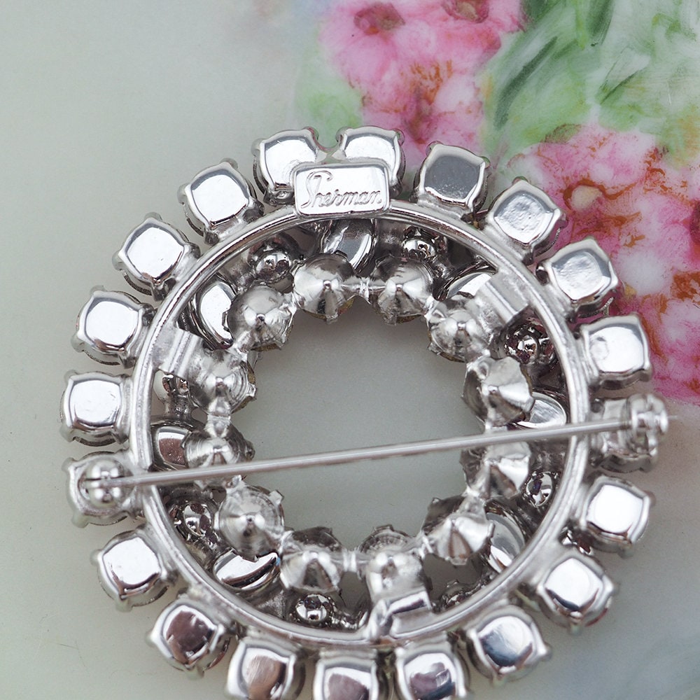 Sherman Brooch, Vintage Brooch, Pink Brooch, Wreath Brooch, Rhinestone Brooch, Sherman Costume Jewelry, Crystal Brooch, Gustave Sherman