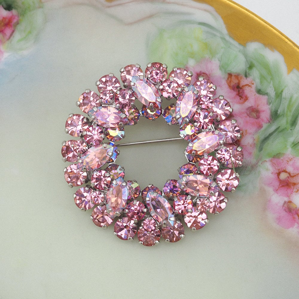 Sherman Brooch, Vintage Brooch, Pink Brooch, Wreath Brooch, Rhinestone Brooch, Sherman Costume Jewelry, Crystal Brooch, Gustave Sherman