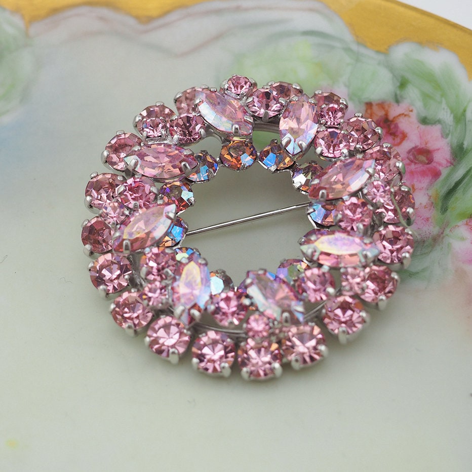 Sherman Brooch, Vintage Brooch, Pink Brooch, Wreath Brooch, Rhinestone Brooch, Sherman Costume Jewelry, Crystal Brooch, Gustave Sherman