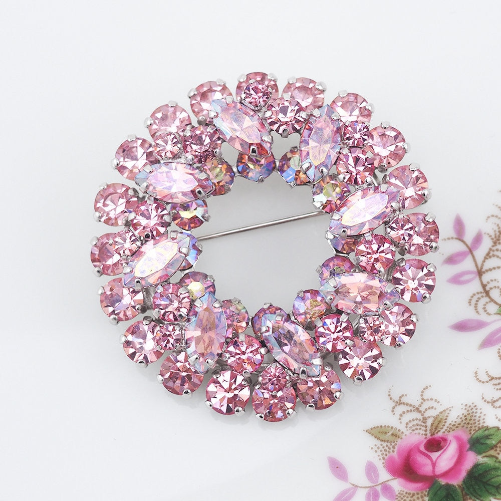 Sherman Brooch, Vintage Brooch, Pink Brooch, Wreath Brooch, Rhinestone Brooch, Sherman Costume Jewelry, Crystal Brooch, Gustave Sherman