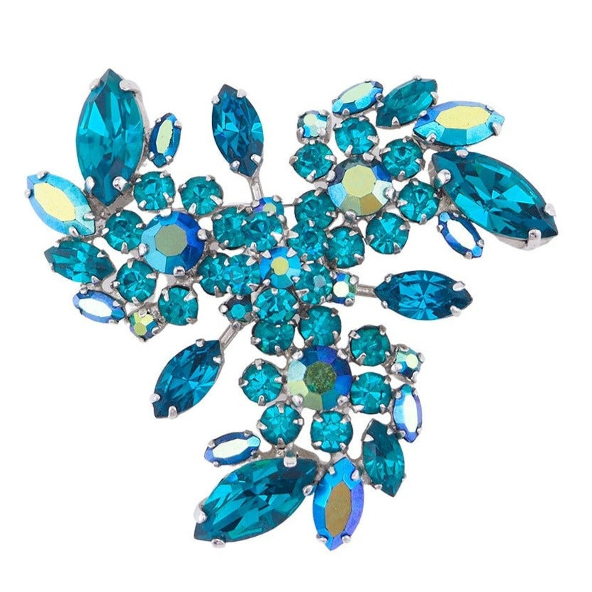 Sherman Pinwheel Brooch, Vintage Rhinestone Brooch, Aurora Borealis Brooch, Teal Brooch, Gustave Sherman, Sherman Jewelry, Crystal Brooch