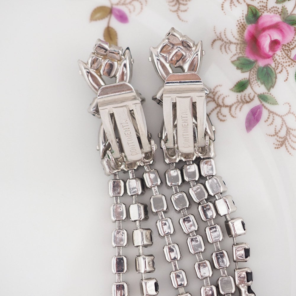 Vintage Rhinestone Earrings, Black Rhinestone Earrings, Long Drop Earrings, Continental Earrings, Continental Jewelry, Clip On earrings