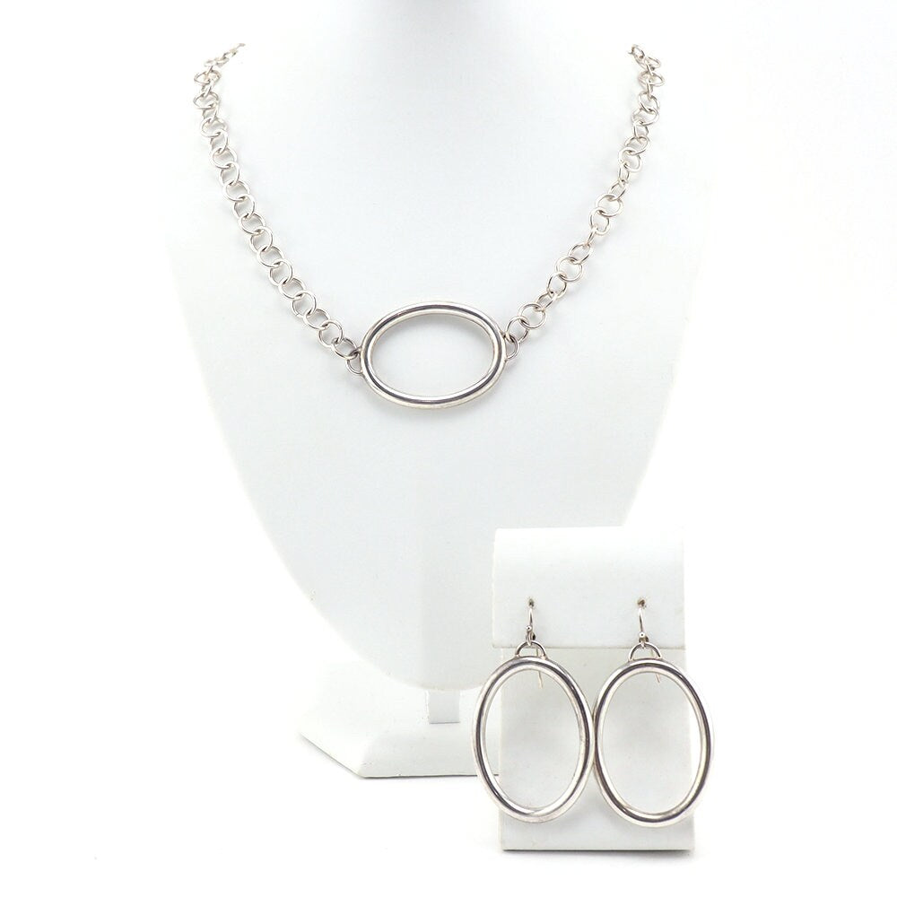 Italian Silver Necklace, Necklace Earring Set, Modernist Necklace, Oval Pendant, Sterling Silver Necklace, Sterling Silver Earrings, Luna