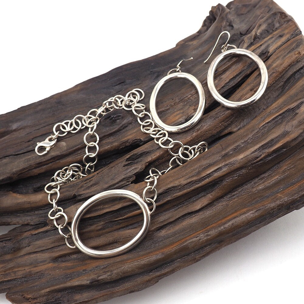 Italian Silver Necklace, Necklace Earring Set, Modernist Necklace, Oval Pendant, Sterling Silver Necklace, Sterling Silver Earrings, Luna
