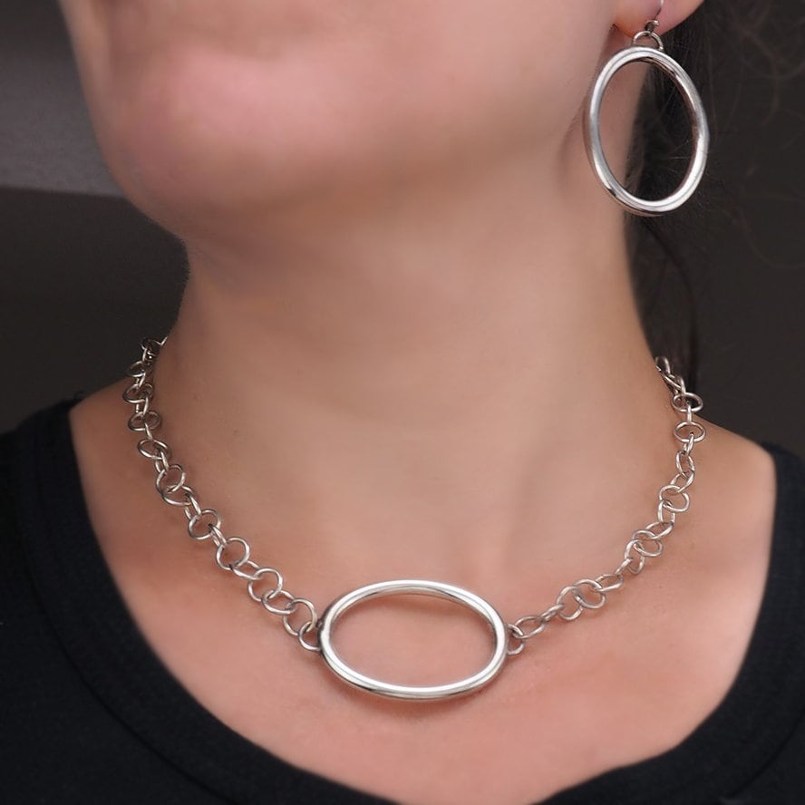 Italian Silver Necklace, Necklace Earring Set, Modernist Necklace, Oval Pendant, Sterling Silver Necklace, Sterling Silver Earrings, Luna
