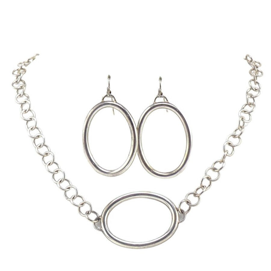 Italian Silver Necklace, Necklace Earring Set, Modernist Necklace, Oval Pendant, Sterling Silver Necklace, Sterling Silver Earrings, Luna