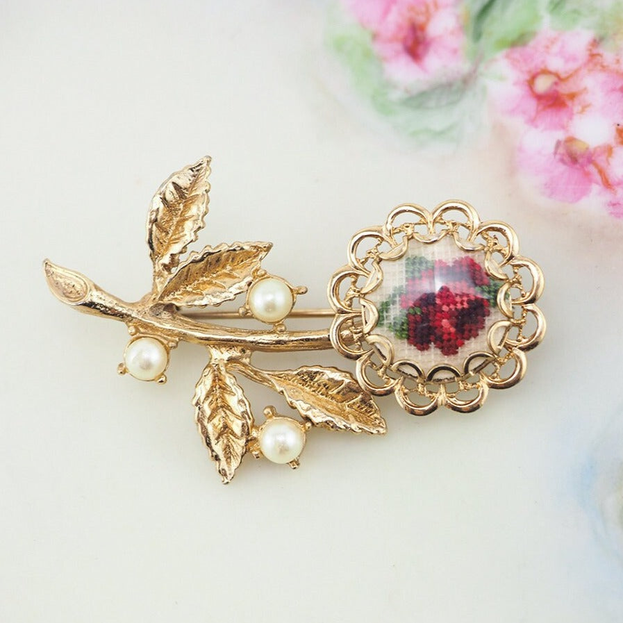Vintage Brooch, Petit Point Brooch, Flower Brooch, Gold Tone Brooch, Petit Point Stitch Jewelry, Faux Pearl Flower Pin, Rose Brooch