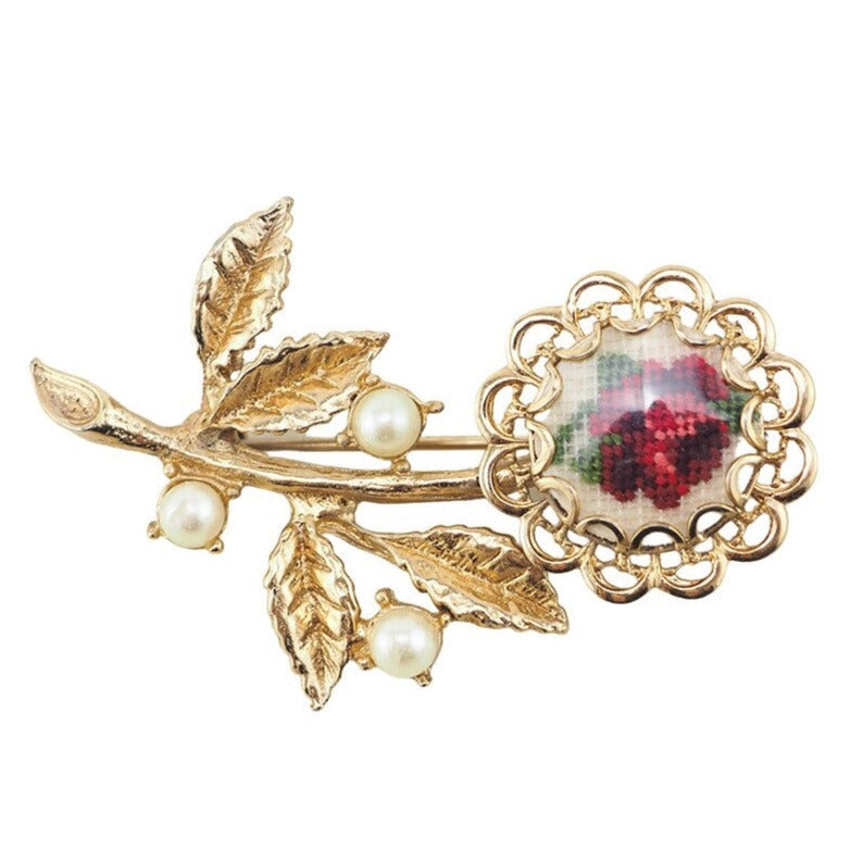 Vintage Brooch, Petit Point Brooch, Flower Brooch, Gold Tone Brooch, Petit Point Stitch Jewelry, Faux Pearl Flower Pin, Rose Brooch