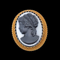 Vintage Brooch, Cameo Brooch, Glass Cameo, Oval Brooch, Vintage Cameo, Gold Tone Brooch, Vintage Pin, Black Brooch, Black Cameo