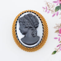 Vintage Brooch, Cameo Brooch, Glass Cameo, Oval Brooch, Vintage Cameo, Gold Tone Brooch, Vintage Pin, Black Brooch, Black Cameo