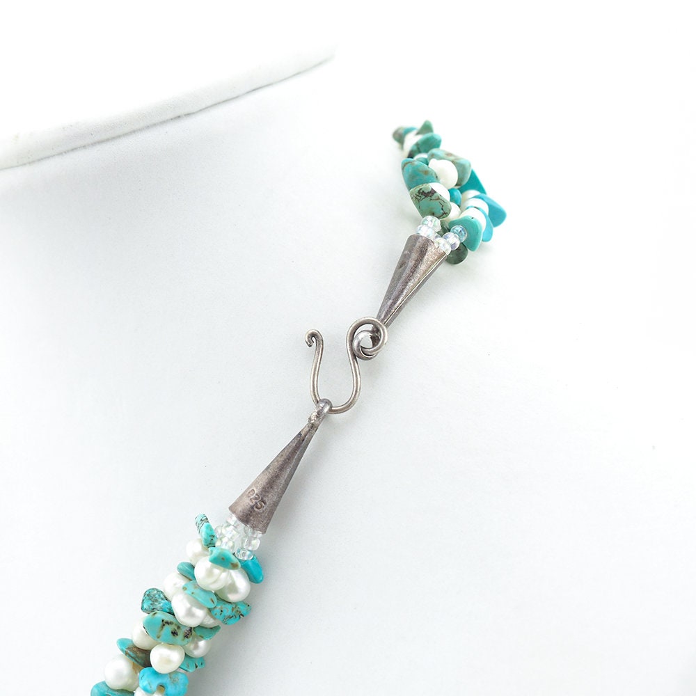 Pearl Necklace, Beaded Necklace, Gemstone Necklace, Turquoise Blue Necklace, Sterling Silver Necklace, Multistrand Necklace, Southwestern