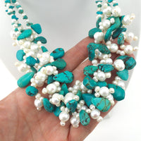 Pearl Necklace, Beaded Necklace, Gemstone Necklace, Turquoise Blue Necklace, Sterling Silver Necklace, Multistrand Necklace, Southwestern