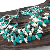 Pearl Necklace, Beaded Necklace, Gemstone Necklace, Turquoise Blue Necklace, Sterling Silver Necklace, Multistrand Necklace, Southwestern