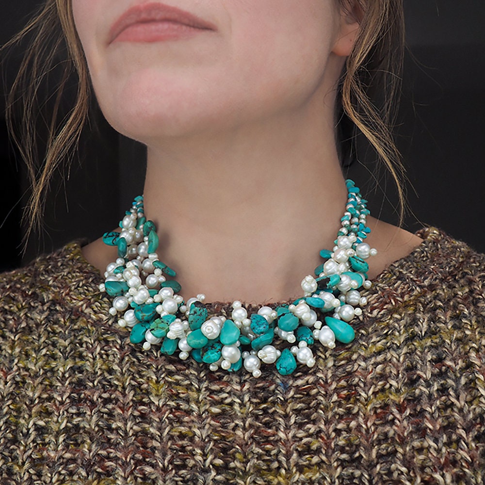 Pearl Necklace, Beaded Necklace, Gemstone Necklace, Turquoise Blue Necklace, Sterling Silver Necklace, Multistrand Necklace, Southwestern