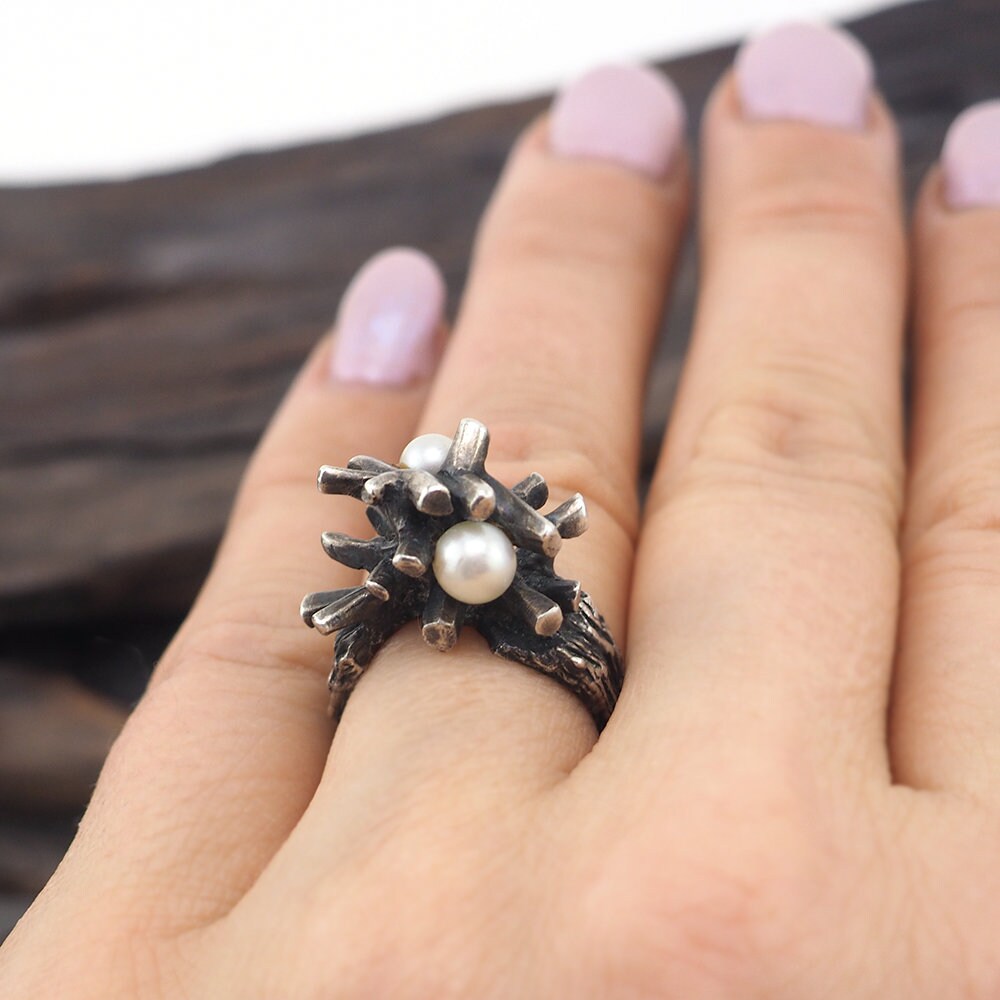 Brutalist Ring, Modernist Ring, Silver Pearl Ring, Mid Century Modern Ring, Opus Ring, MCM Ring, Brutalist Jewelry, Sputnik Ring