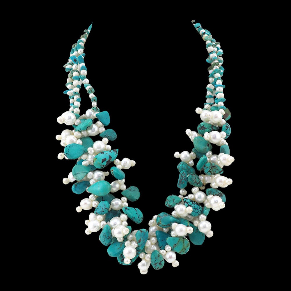 Pearl Necklace, Beaded Necklace, Gemstone Necklace, Turquoise Blue Necklace, Sterling Silver Necklace, Multistrand Necklace, Southwestern
