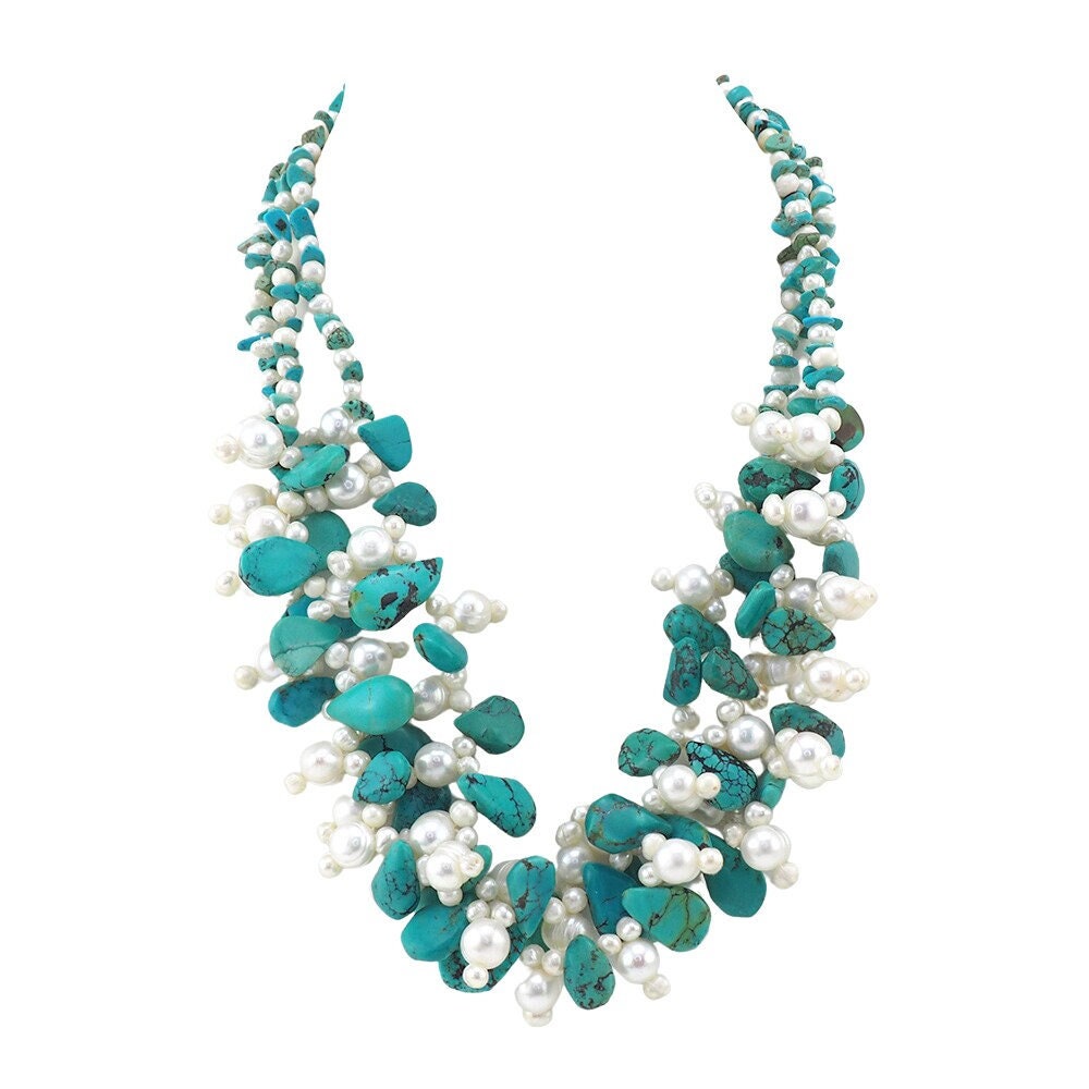 Pearl Necklace, Beaded Necklace, Gemstone Necklace, Turquoise Blue Necklace, Sterling Silver Necklace, Multistrand Necklace, Southwestern
