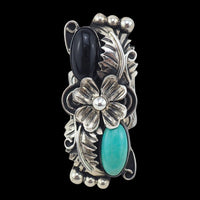 Southwestern Ring, Mexican Silver Ring, Statement Ring, Sterling Silver Ring, Size 5, Flower Ring, Onyx and Turquoise, Mexican Silver, 925