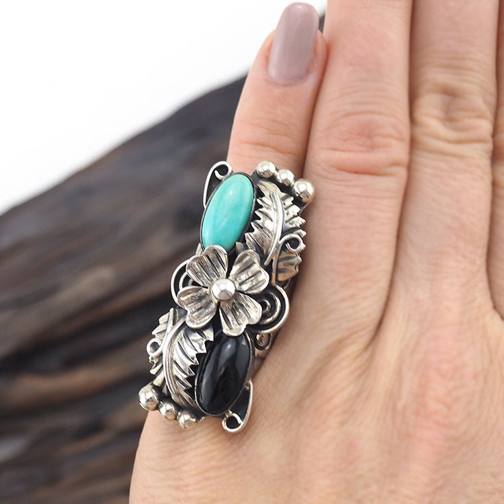 Southwestern Ring, Mexican Silver Ring, Statement Ring, Sterling Silver Ring, Size 5, Flower Ring, Onyx and Turquoise, Mexican Silver, 925