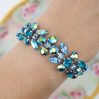 Sherman Bracelet, Teal and Blue, Rhinestone Bracelet, Bridal Bracelet, Vintage Bracelet, Aurora Borealis, Gustave Sherman, 1960s Bracelet