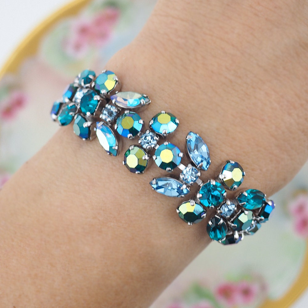 Sherman Bracelet, Teal and Blue, Rhinestone Bracelet, Bridal Bracelet, Vintage Bracelet, Aurora Borealis, Gustave Sherman, 1960s Bracelet