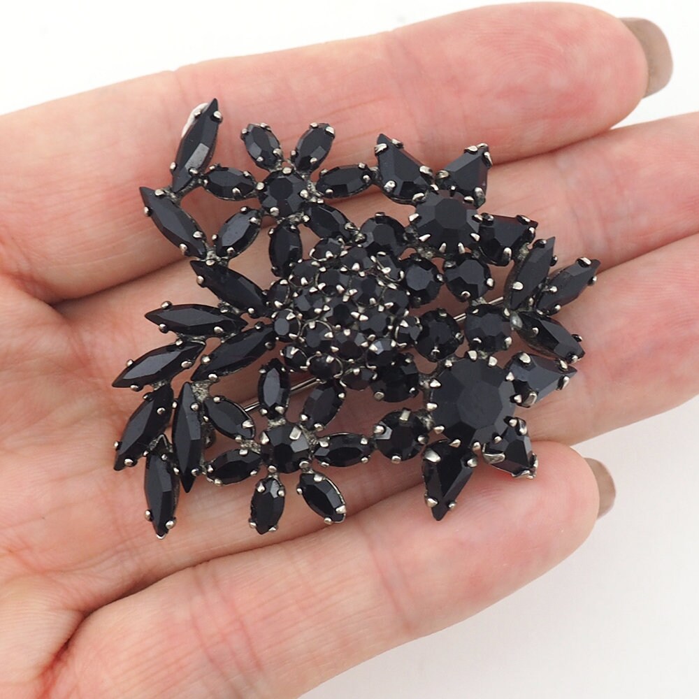 Sherman Brooch, Vintage Rhinestone Brooch, Jet Black Brooch, Japanned Brooch, Gustave Sherman, Sherman Jewelry, Crystal Brooch, Vintage Pin