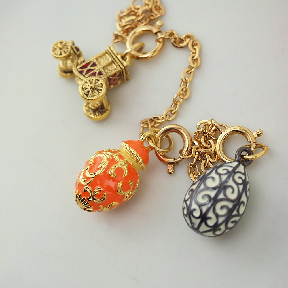 Joan Rivers Charms, Joan Rivers Egg, Charm Extension, Set of 3, Faberge Egg, Egg Necklace, Carriage Charm, Urn Charm, Enamel Egg Charm