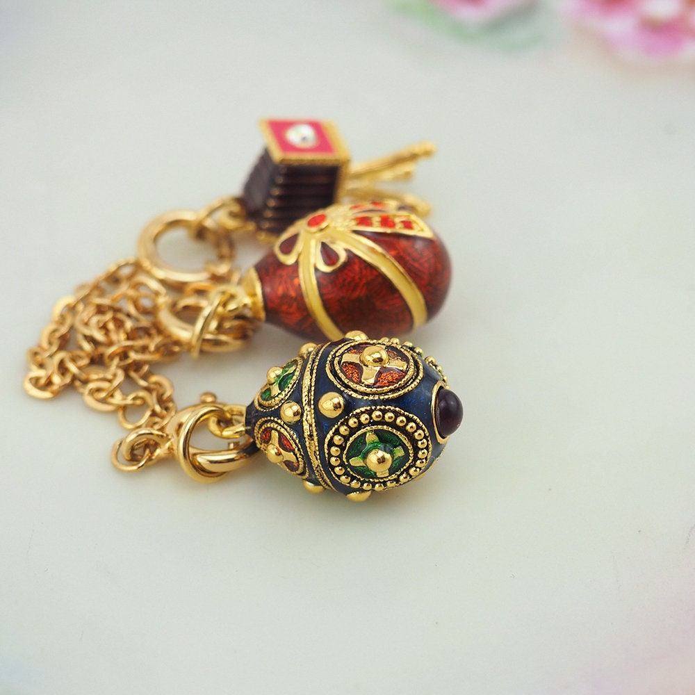 Joan Rivers Charms, Joan Rivers Egg, Charm Extension, Set of 3, Faberge Egg, Egg Necklace, Enamel Egg Charm, Vintage Camera Charm