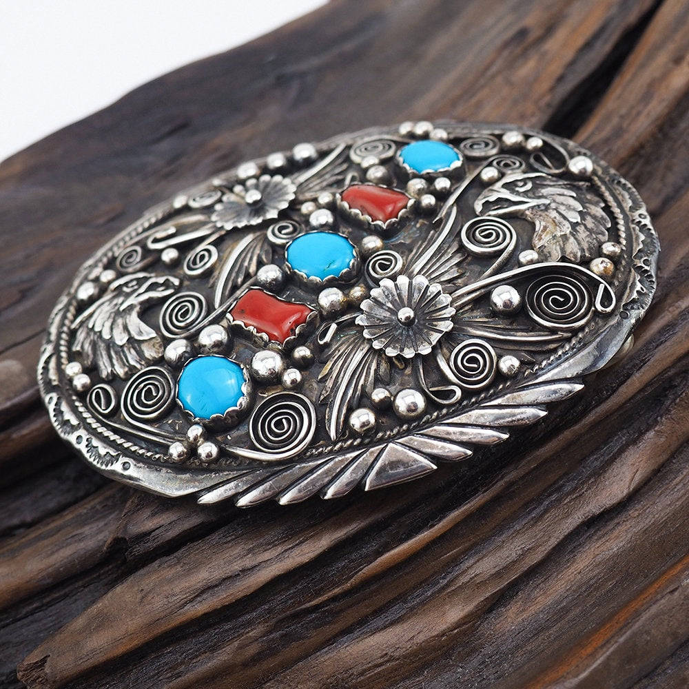 Native Silver Buckle, Artist Signed, Eagle Buckle, Turquoise Buckle, Coral Belt Buckle, Sterling Silver Buckle, Large Silver Buckle, 925