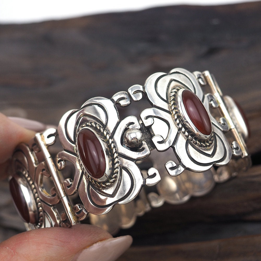 Mexican Bracelet, Silver Bracelet, Carnelian Silver, Mexico Silver, Mexican Silver Bracelet, Vintage Bracelet, Mexico 925, Panel Bracelet