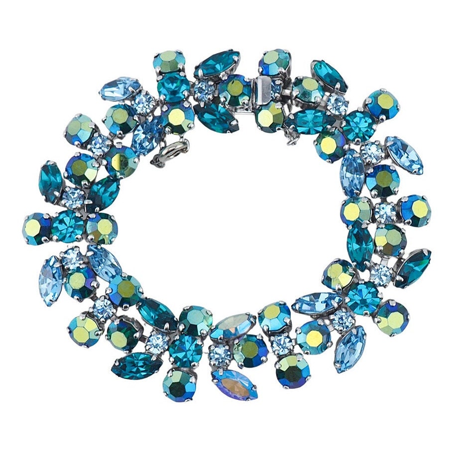 Sherman Bracelet, Teal and Blue, Rhinestone Bracelet, Bridal Bracelet, Vintage Bracelet, Aurora Borealis, Gustave Sherman, 1960s Bracelet