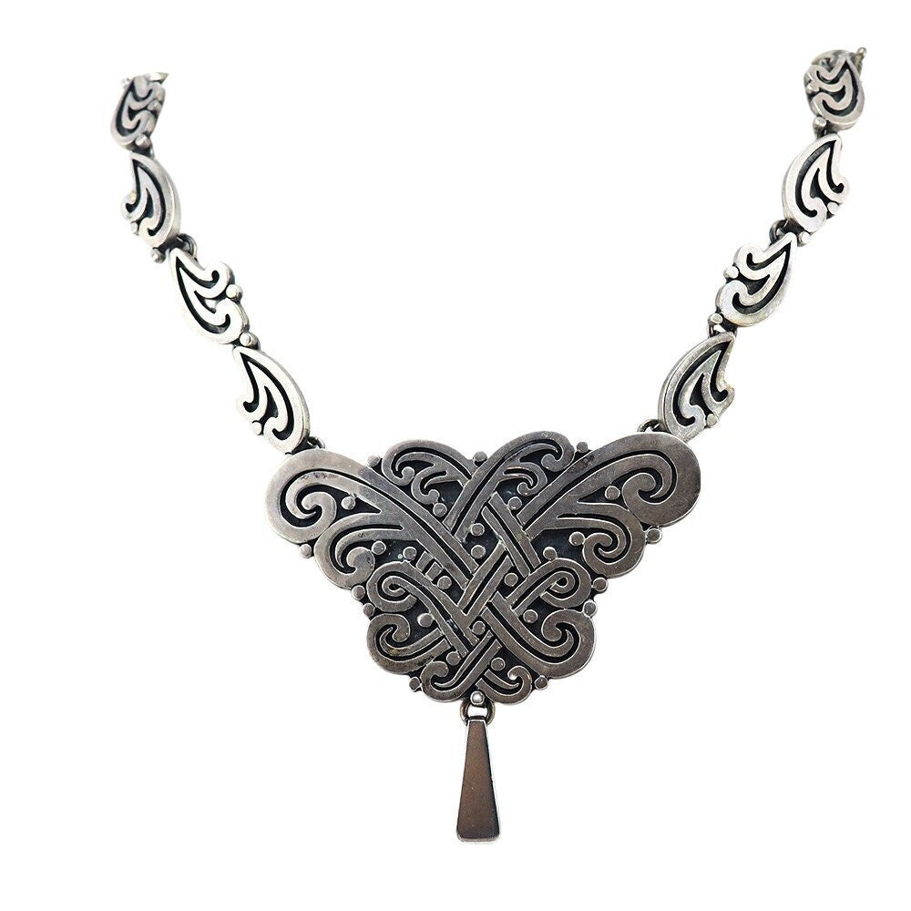 Vintage Heavy Sterling Silver Tribal Design Necklace – Vintage