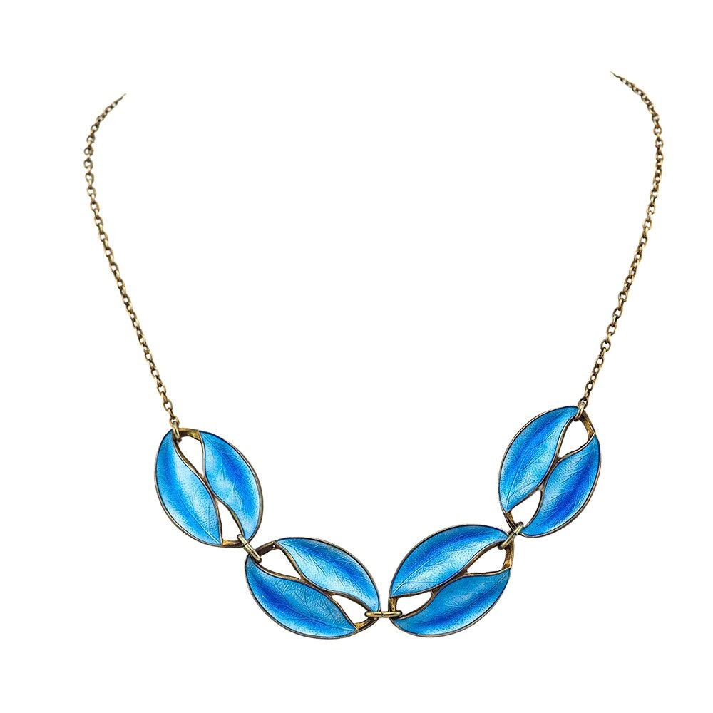 Modernist Necklace, Enamel Necklace, Brodrene Bjorklund, Leaf Necklace, Sterling Silver Necklace, Danish Silver Enamel, Blue Enamel Necklace