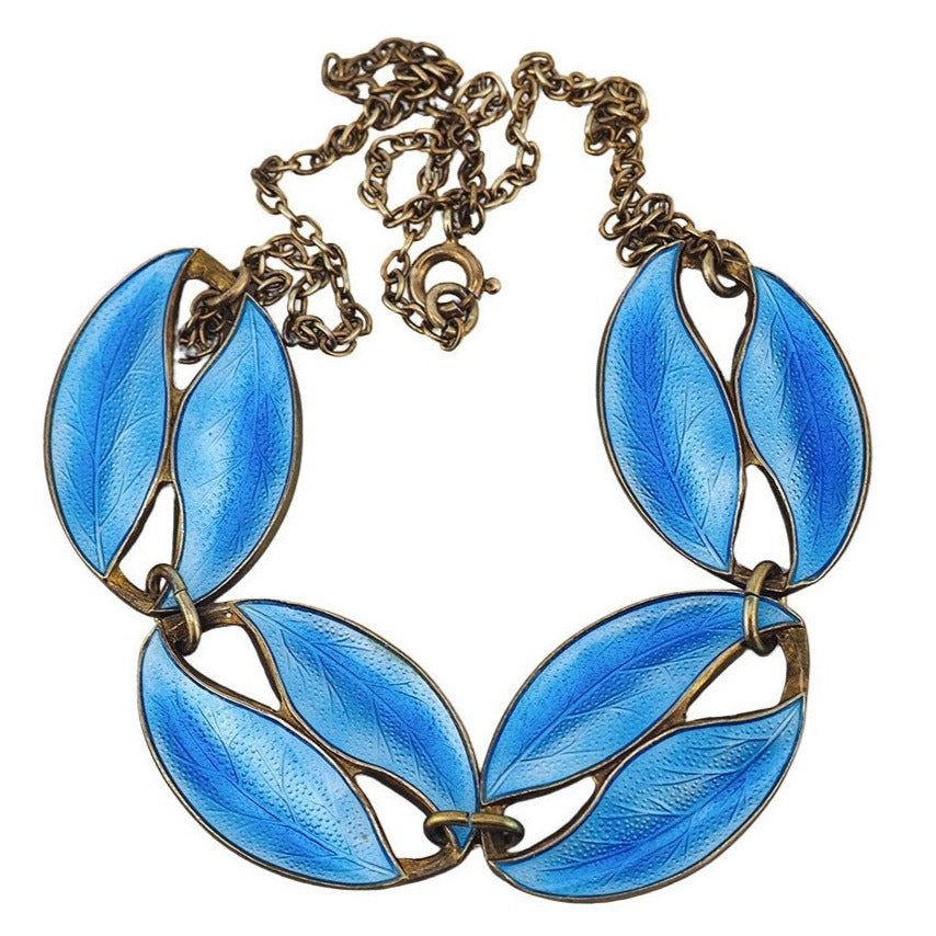 Modernist Necklace, Enamel Necklace, Brodrene Bjorklund, Leaf Necklace, Sterling Silver Necklace, Danish Silver Enamel, Blue Enamel Necklace