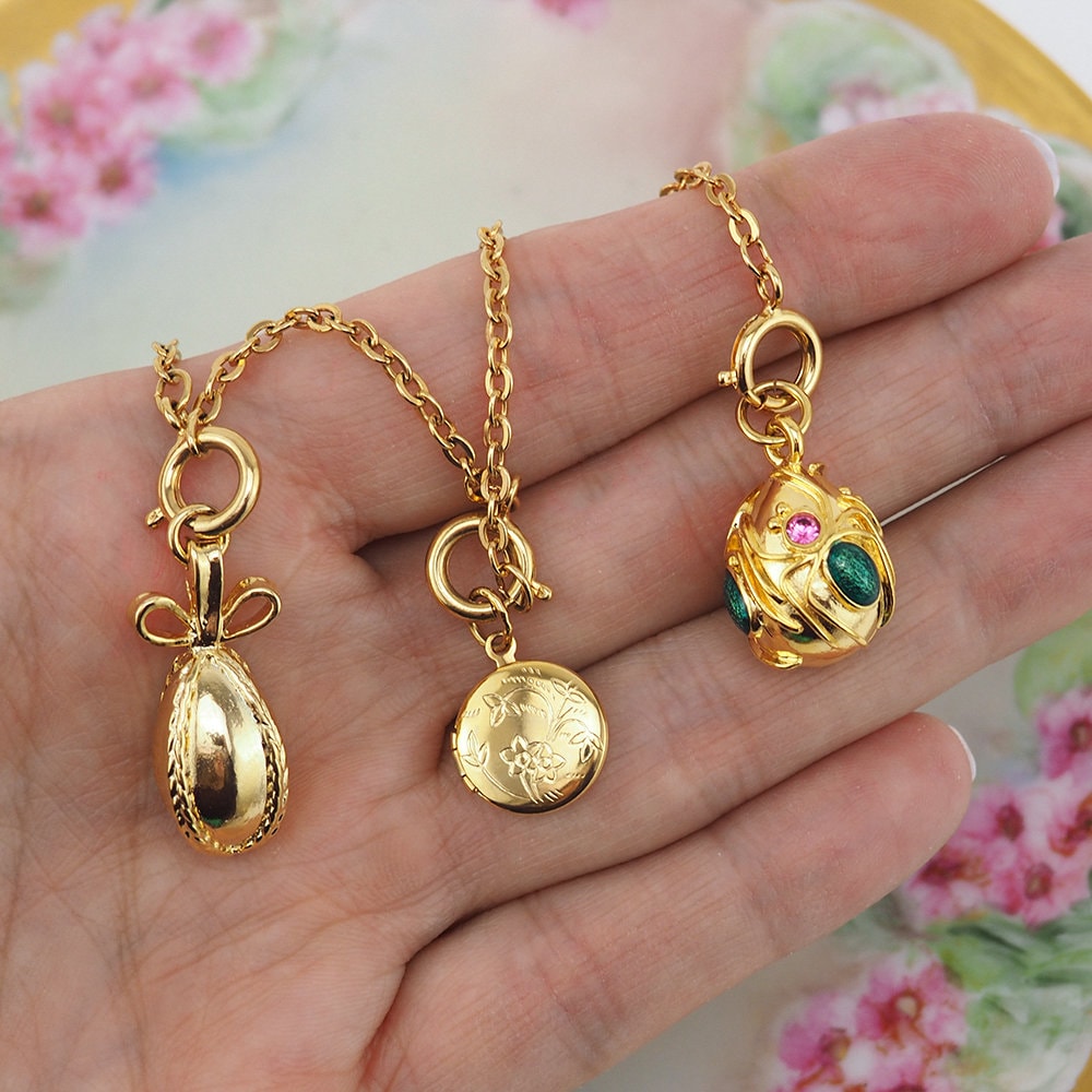 Joan Rivers Charms, Joan Rivers Egg, Charm Extension, Set of 3, Faberge Egg, Egg Necklace, Gold-Tone Charms, Locket Charm, Egg Charms