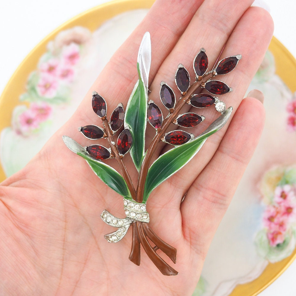 1930s Brooch, Christmas Brooch, Enamel Brooch, Large Brooch, Vintage Brooch, Floral Brooch, Pot Metal Brooch, 1930s Jewelry, Big Brooch