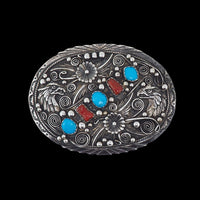 Native Silver Buckle, Artist Signed, Eagle Buckle, Turquoise Buckle, Coral Belt Buckle, Sterling Silver Buckle, Large Silver Buckle, 925