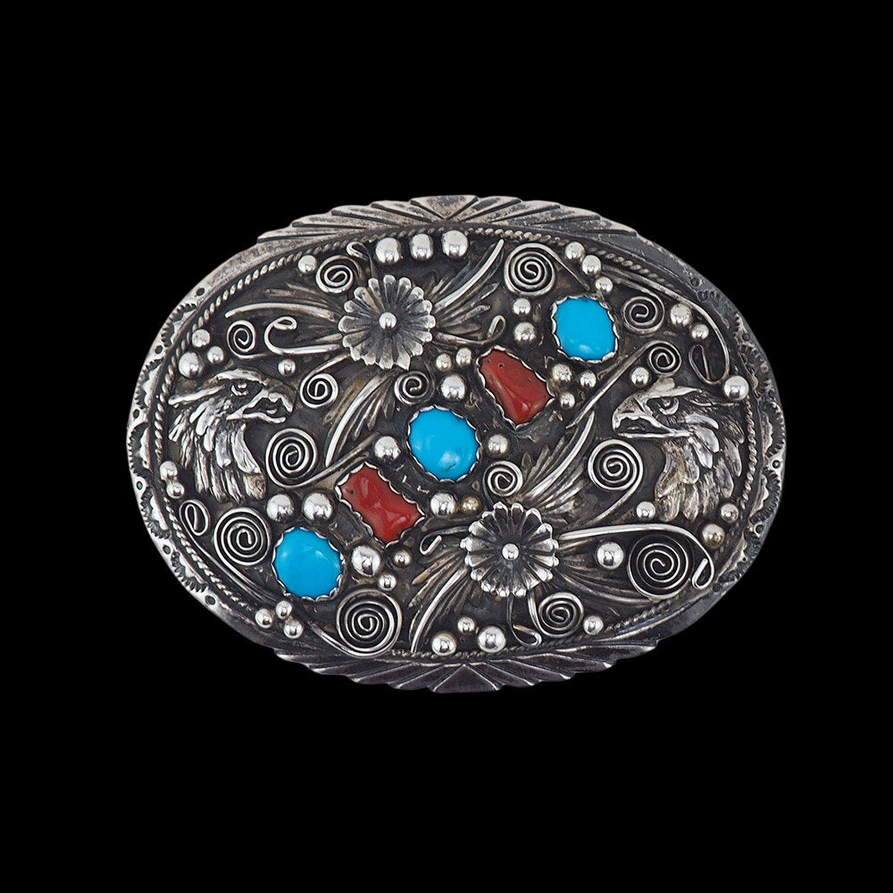 Native Silver Buckle, Artist Signed, Eagle Buckle, Turquoise Buckle, Coral Belt Buckle, Sterling Silver Buckle, Large Silver Buckle, 925