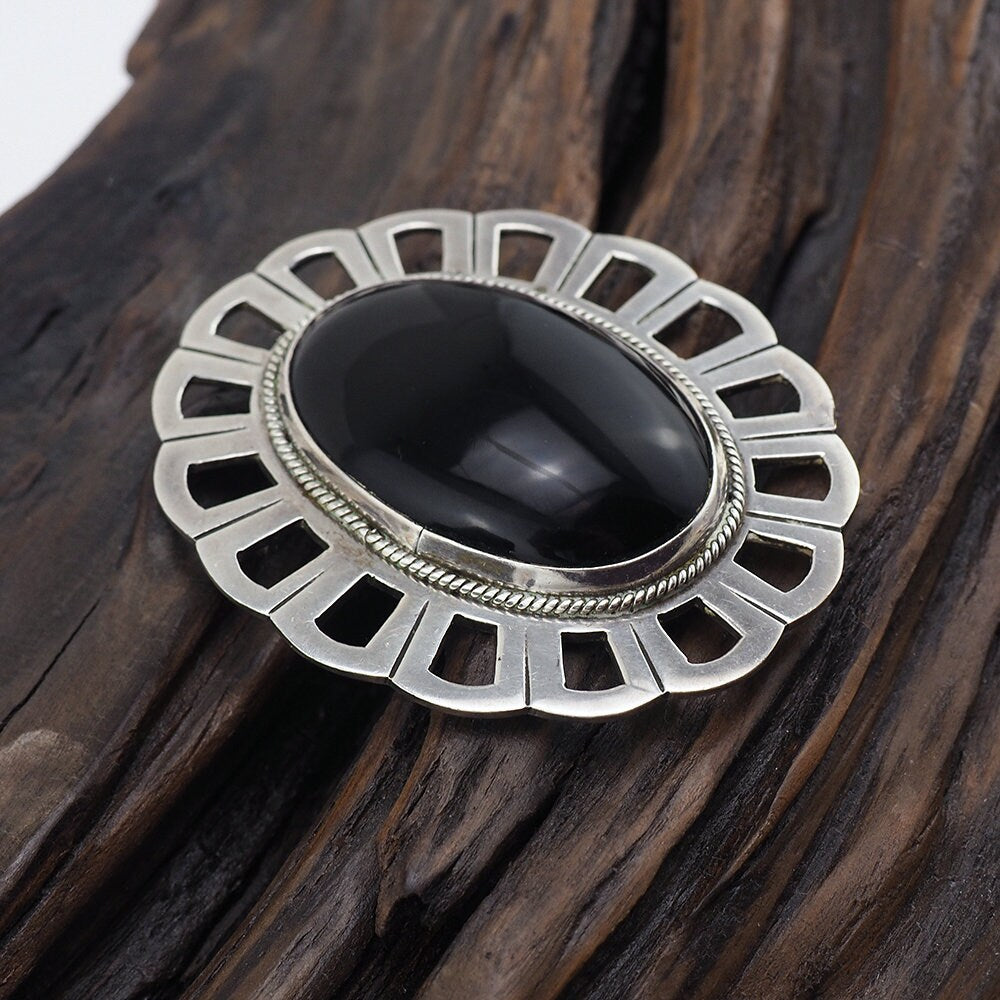 Large Pendant, Onyx Pendant, Silver Pendant, Pendant Brooch, Vintage Pendant, Mexican Pendant, Black Stone Pendant, Mexican Silver, 925